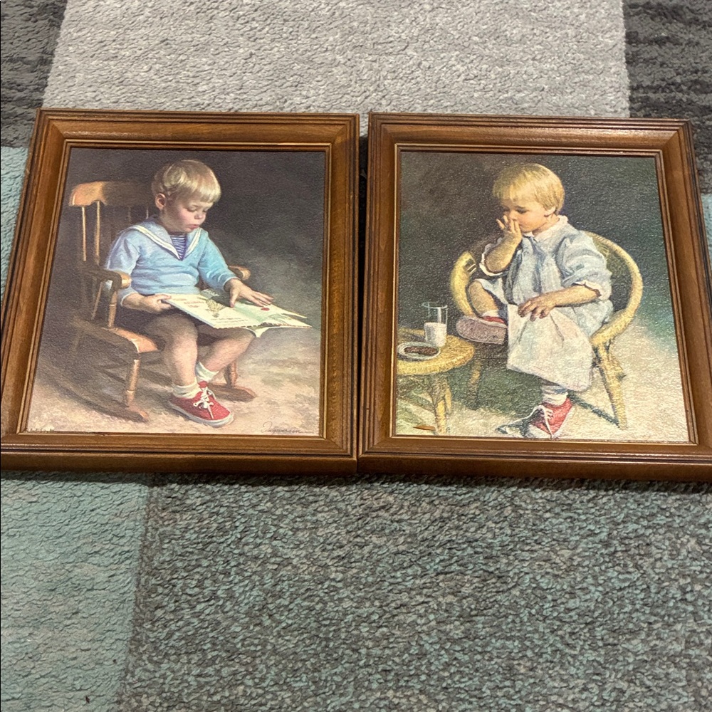 Pair of Vintage Framed Child Portrait Prints - Red Accents